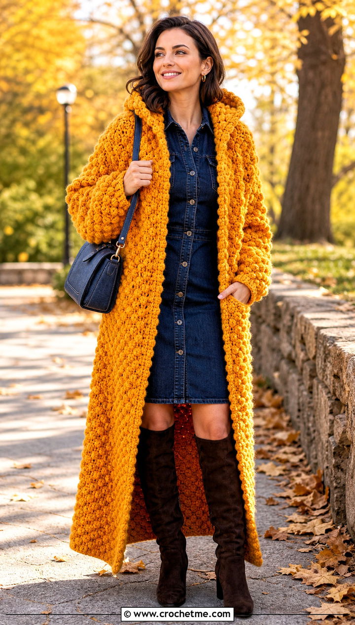 Bobble Stitch Long Hooded Crochet Cape With Denim Dress - 25 Long Hooded Crochet Cape outfit ideas