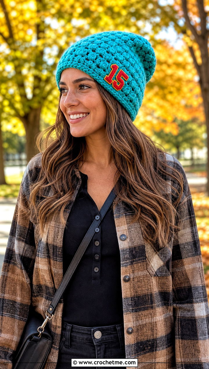 Bobble Stitch Mahomes Slouch Hat With Shacket - 15 Crochet Mahomes Hat outfit ideas