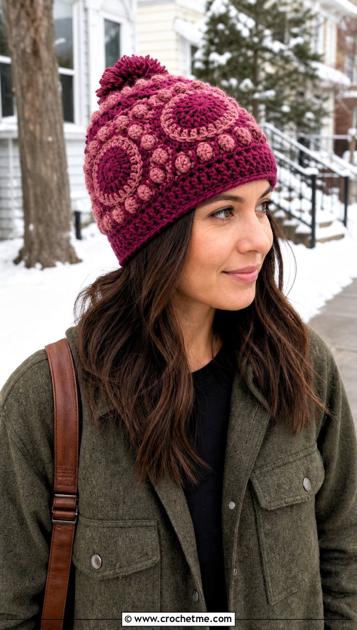 Bobble Stitch Mandala Crochet Beanie With Shacket - 20 Mandala Crochet Beanie outfit ideas