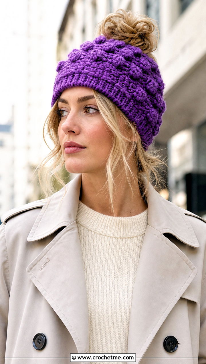 Bobble Stitch Messy Bun Crochet Beanie With Trench Coat - 30 easy messy bun crochet beanie outfit ideas