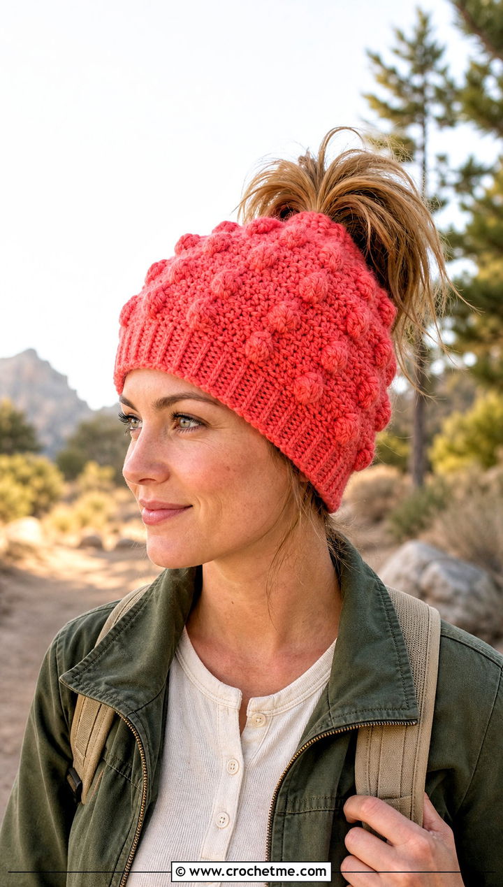 Bobble Stitch Messy Bun Crochet Hat With Utility Jacket - 25 messy bun crochet hat with hair tie outfit ideas