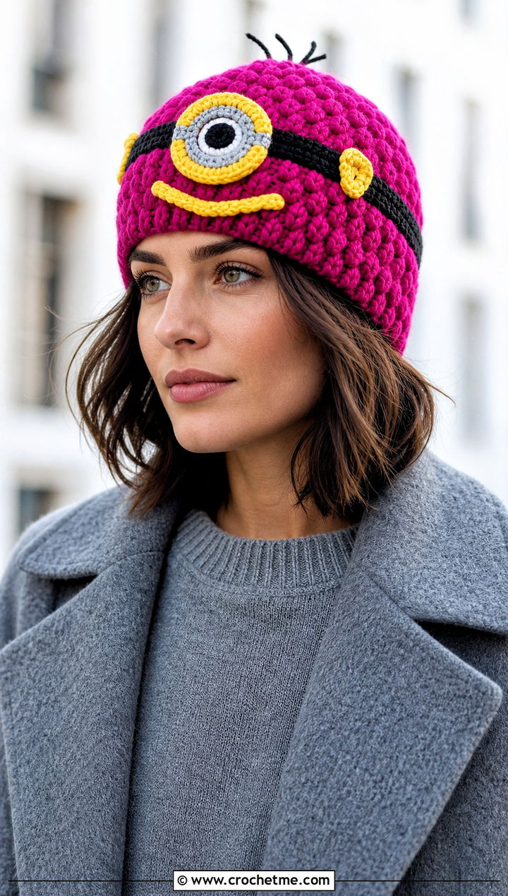 Bobble Stitch Minion Crochet Beanie With Monochrome Outfit - 25 minion crochet beanie outfit ideas