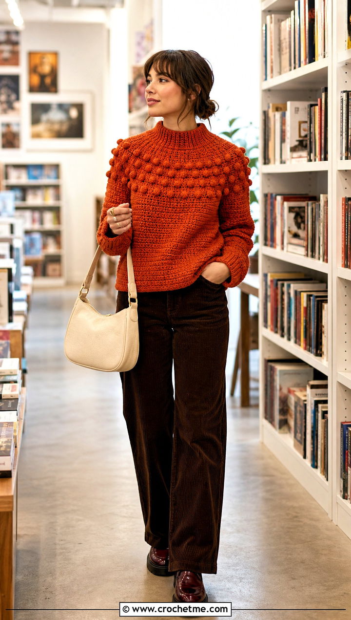 Bobble Stitch Mock Neck Crochet Sweater With Corduroy Pants - 30 crochet high neck sweater outfit ideas