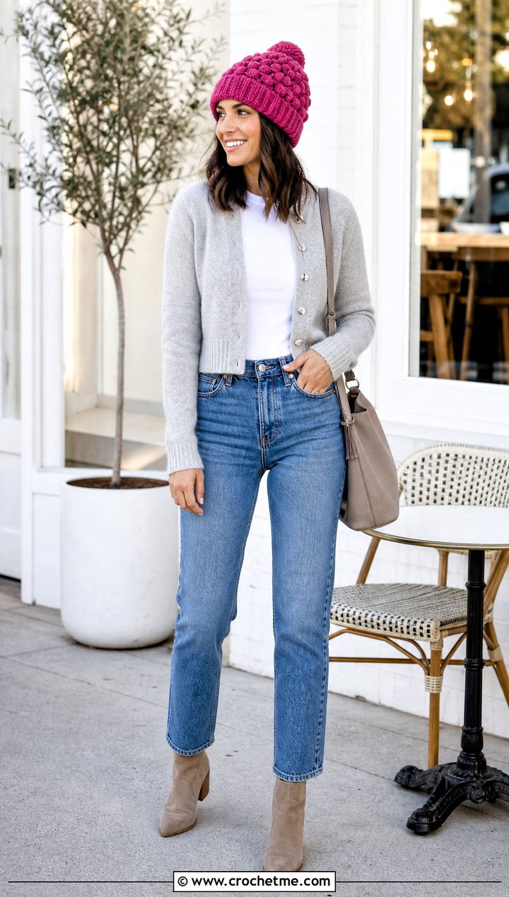 Bobble Stitch Mohair Crochet Beanie With Cardigan And Jeans - 35 Mohair Crochet Hat outfit ideas
