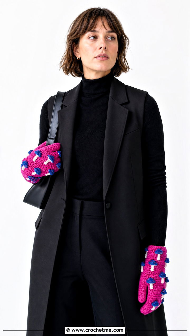 Bobble Stitch Mushroom Gloves With Monochrome Outfit - 20 Crochet Mushroom Gloves outfit ideas