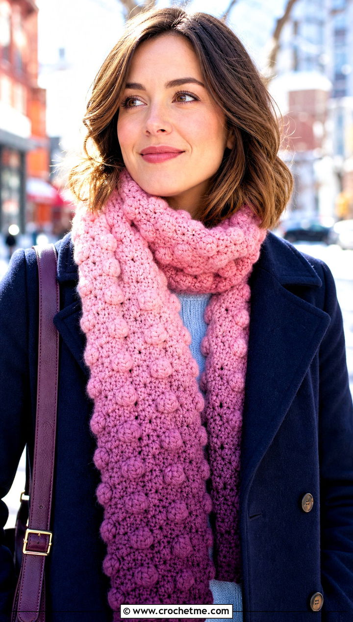 Bobble Stitch Ombre Crochet Scarf With Peacoat - 25 Ombre Crochet Scarf outfit ideas