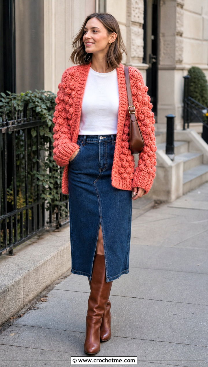 Bobble Stitch Oversized Chunky Crochet Cardigan With Denim Midi Skirt - 25 oversized chunky crochet cardigan outfit ideas