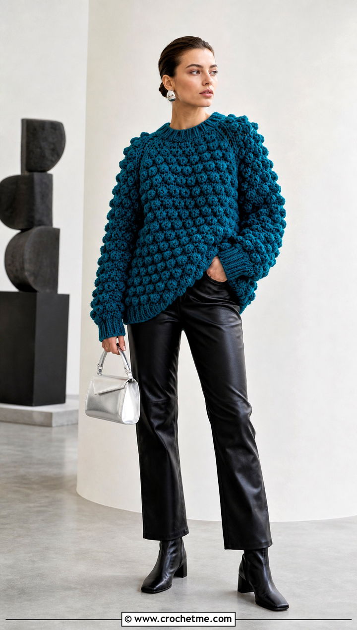 Bobble Stitch Oversized Crochet Sweater With Leather Pants - 15 Puffy Crochet Sweater outfit ideas