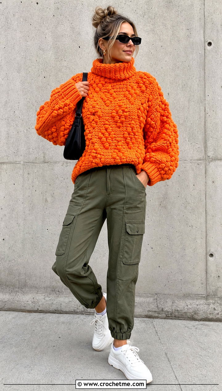 Bobble Stitch Oversized Turtleneck Crochet Sweater With Cargo Pants - 15 oversized turtleneck crochet sweater outfit ideas