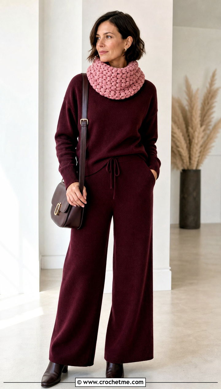 Bobble Stitch Pink Crochet Cowl With Monochrome Knitwear - 15 pink crochet cowl outfit ideas