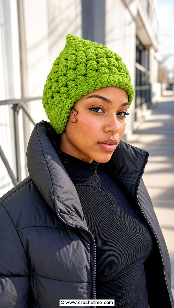 Bobble Stitch Pixie Bonnet With Puffer Jacket - 25 Crochet Hair Bonnet outfit ideas