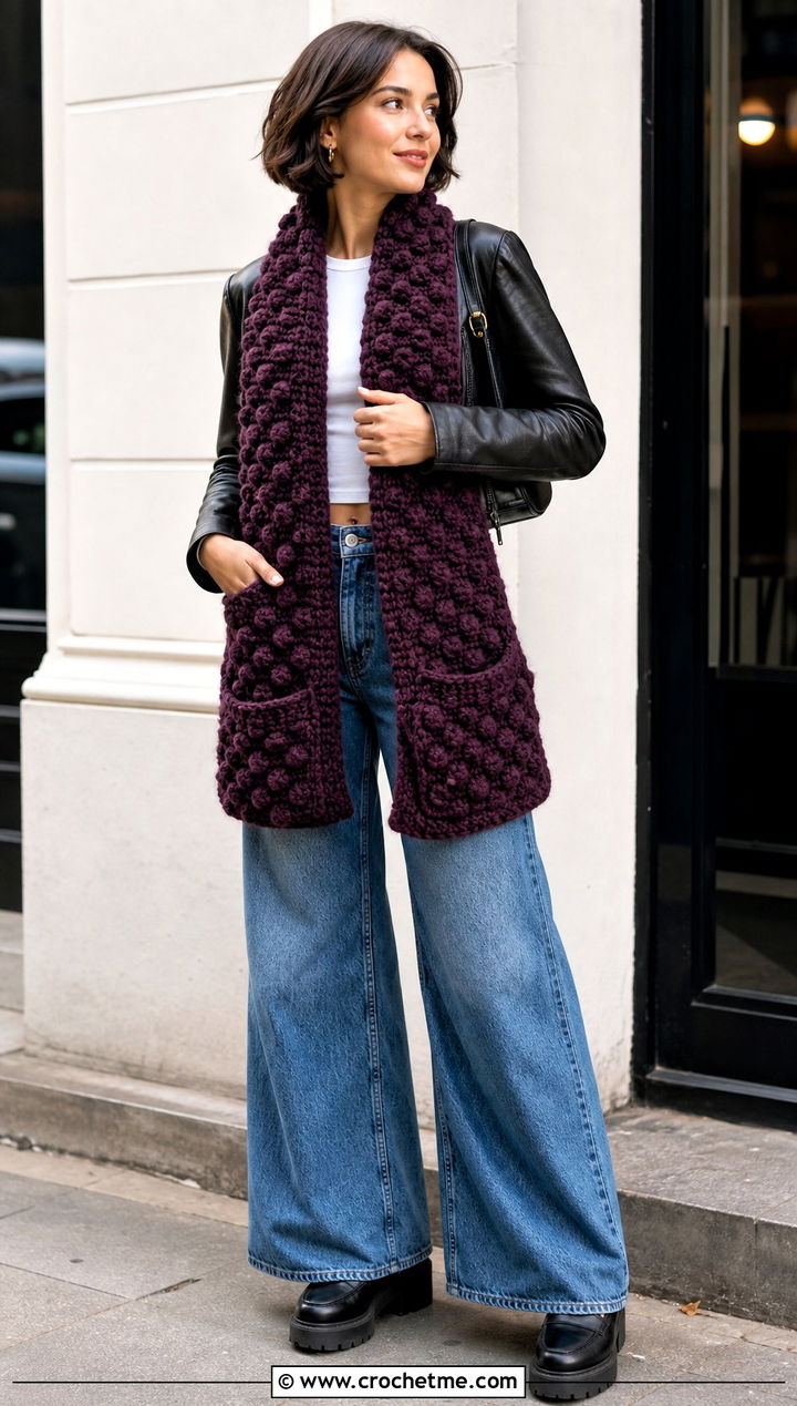 Bobble Stitch Pocket Scarf With Leather Jacket - 25 crochet pocket scarves outfit ideas