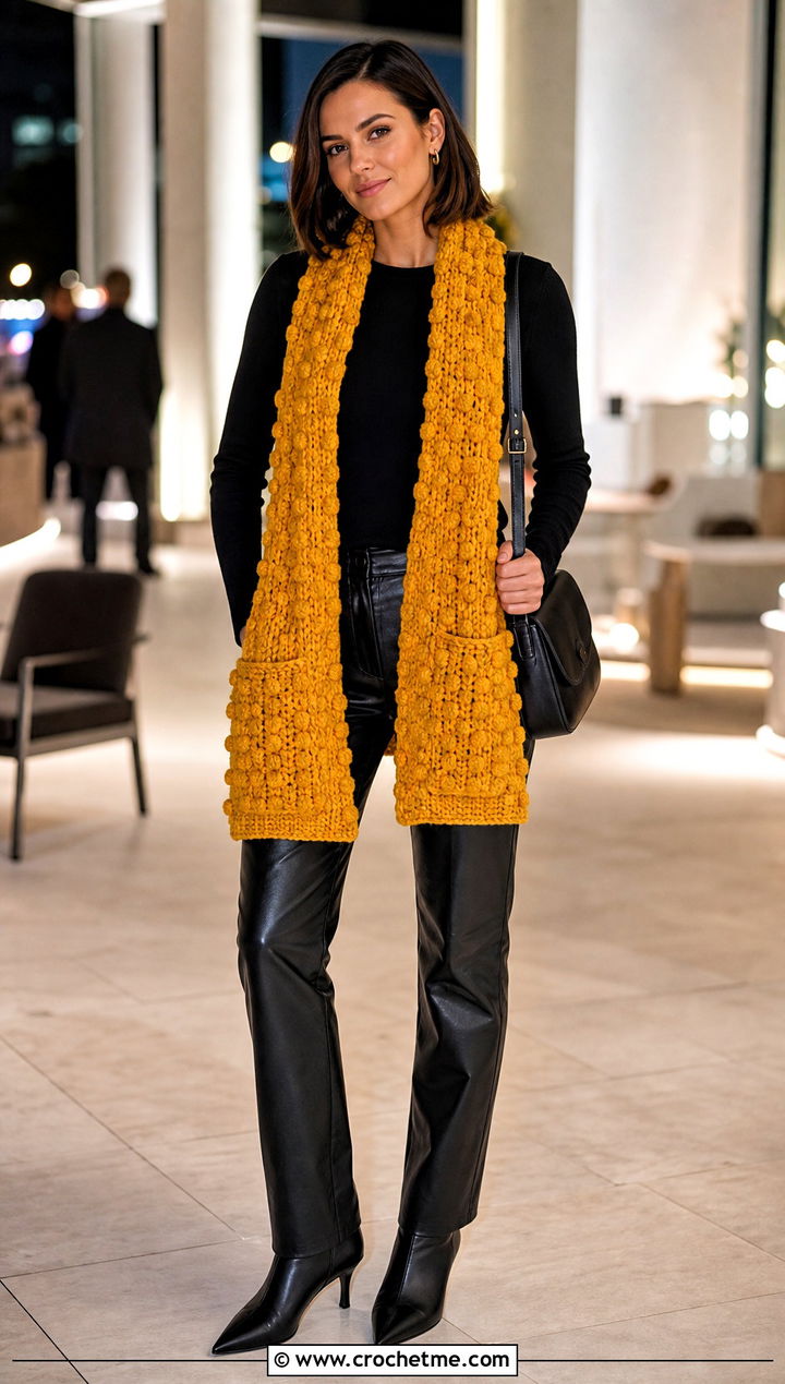 Bobble Stitch Pocket Scarf With Leather Pants - 25 Crochet Pocket Scarf Shawl outfit ideas