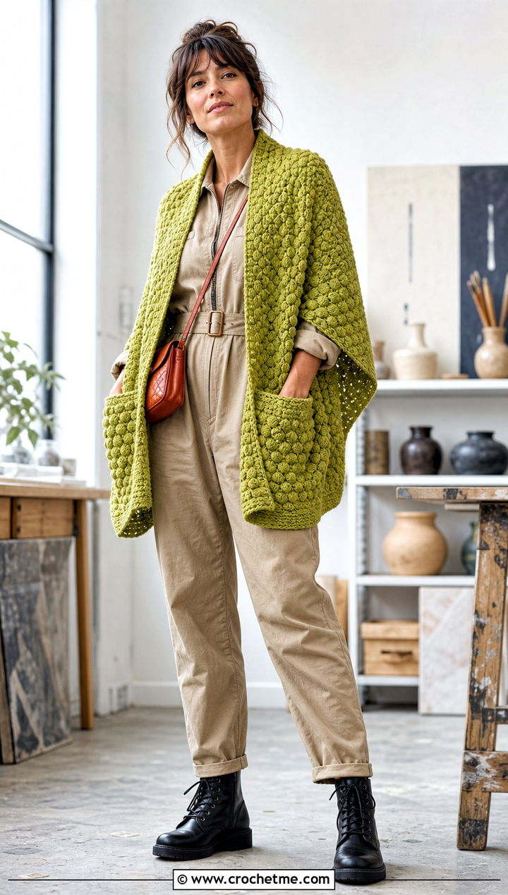 Bobble Stitch Pocket Shawl With A Utility Jumpsuit - 15 Tunisian Crochet Pocket Shawl outfit ideas