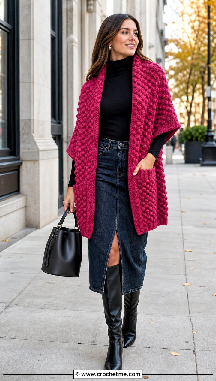 Bobble Stitch Pocket Wrap With Denim Midi Skirt - 35 crochet wrap with pockets outfit ideas
