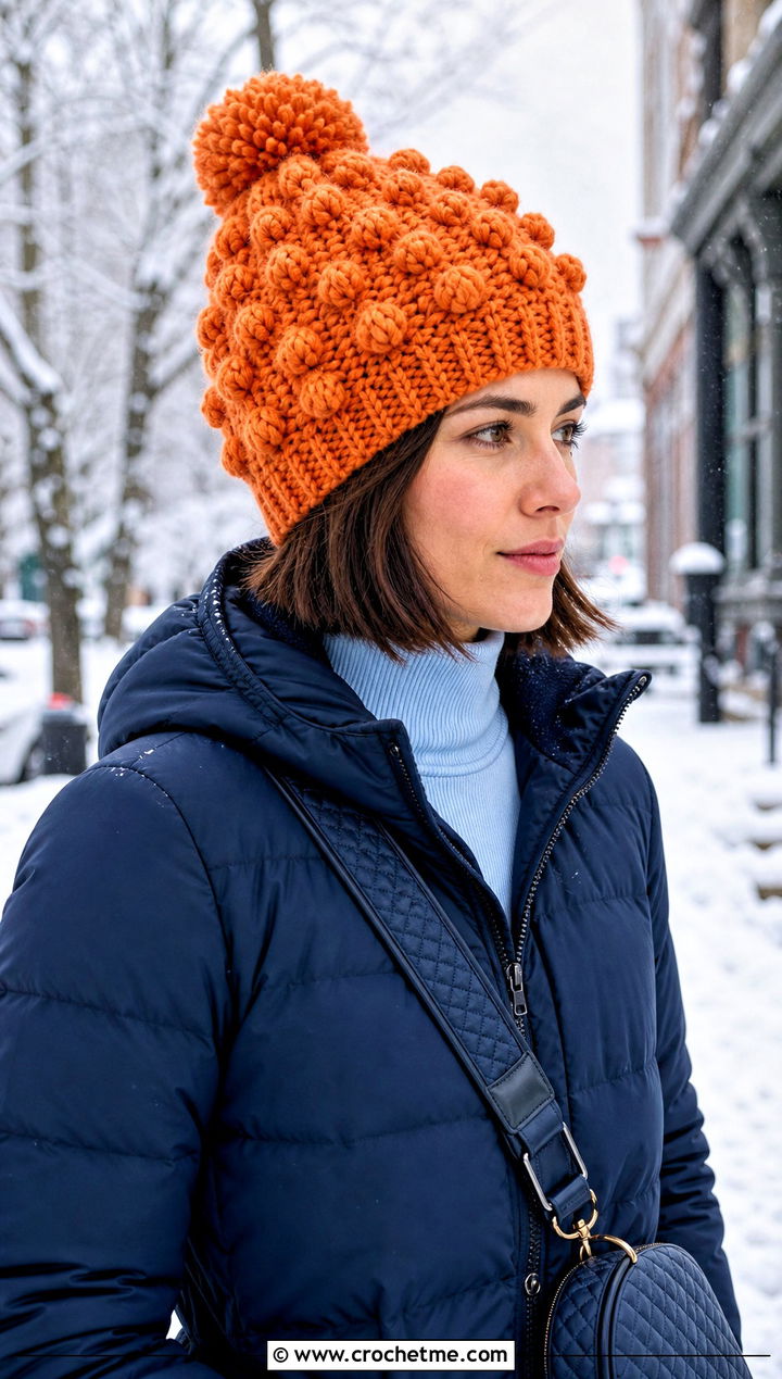 Bobble Stitch Pom Pom Hat With Puffer Coat And Snow Boots - 30 crochet stitch hat outfit ideas