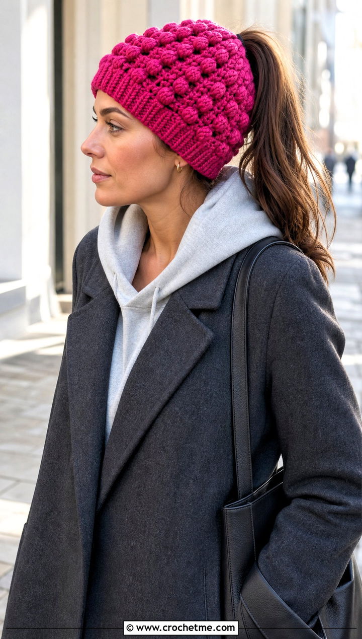 Bobble Stitch Ponytail Beanie With Overcoat And Hoodie - 30 crochet beanie with ponytail hole outfit ideas