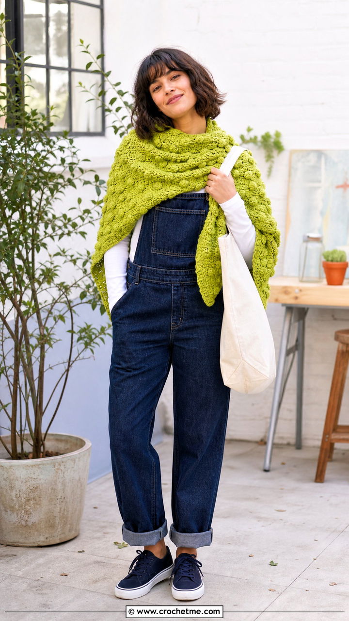 Bobble Stitch Prayer Shawl With Overalls And Sneakers - 35 easy crochet prayer shawls outfit ideas