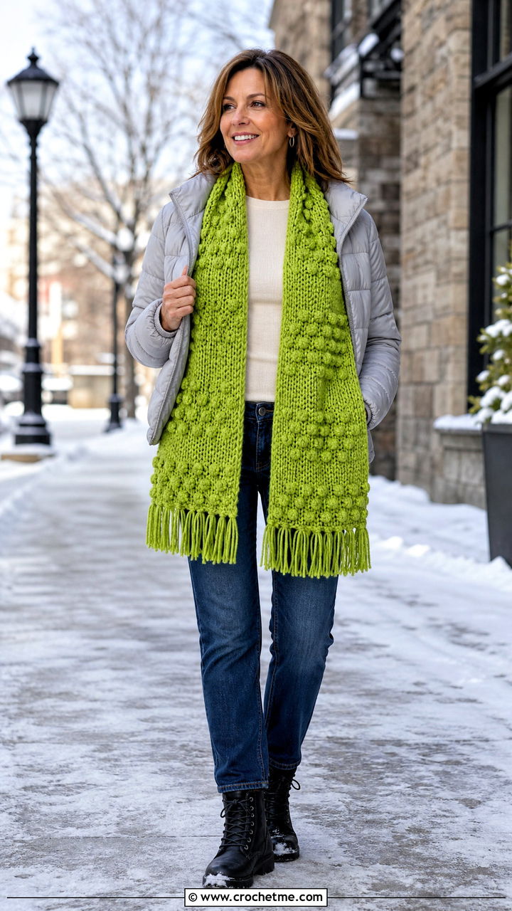 Bobble Stitch Prayer Shawl With Puffer Jacket - 35 crochet prayer shawl outfit ideas