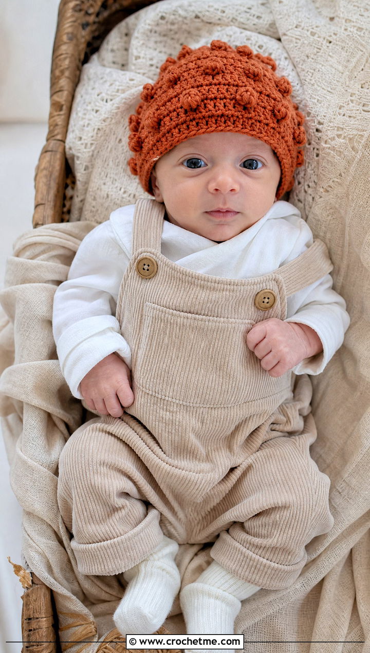 Bobble Stitch Preemie Crochet Beanie With Corduroy Overalls - 25 premie crochet hat outfit ideas