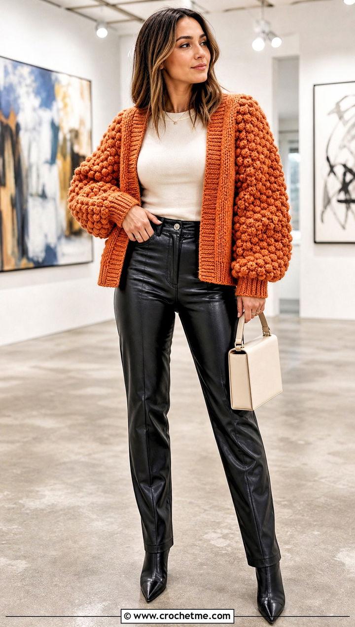 Bobble Stitch Puffy Sleeve Cardigan With Leather Pants - 25 Crochet Puffy Sleeves Cardigan outfit ideas