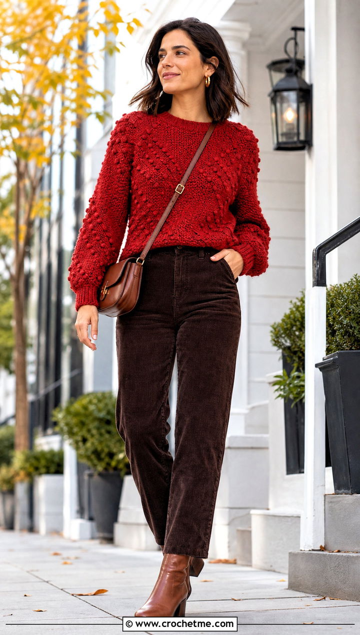Bobble Stitch Raglan Crochet Top With Corduroy Pants - 35 raglan crochet top outfit ideas