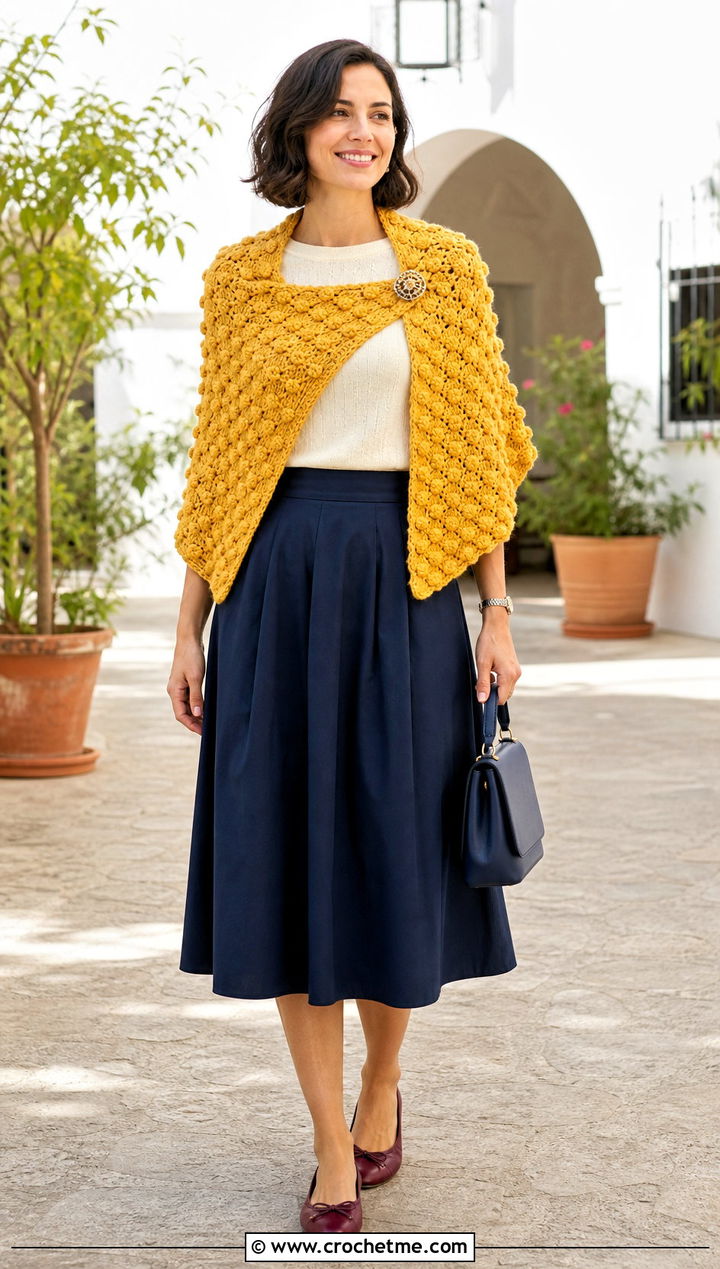 Bobble Stitch Rectangle Crochet Wrap With Midi Skirt - 20 Rectangle Crochet Wrap outfit ideas