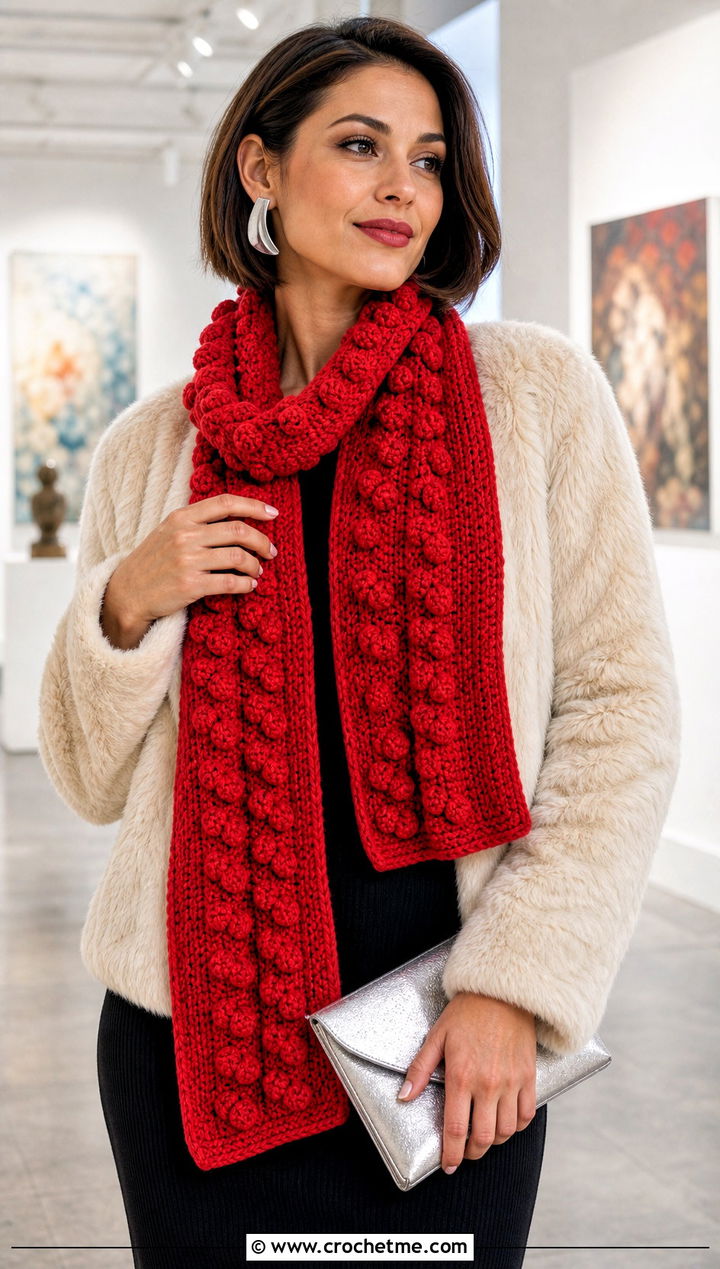 Bobble Stitch Red Crochet Scarf With Faux Fur Jacket - 25 taylor swift red crochet scarf outfit ideas
