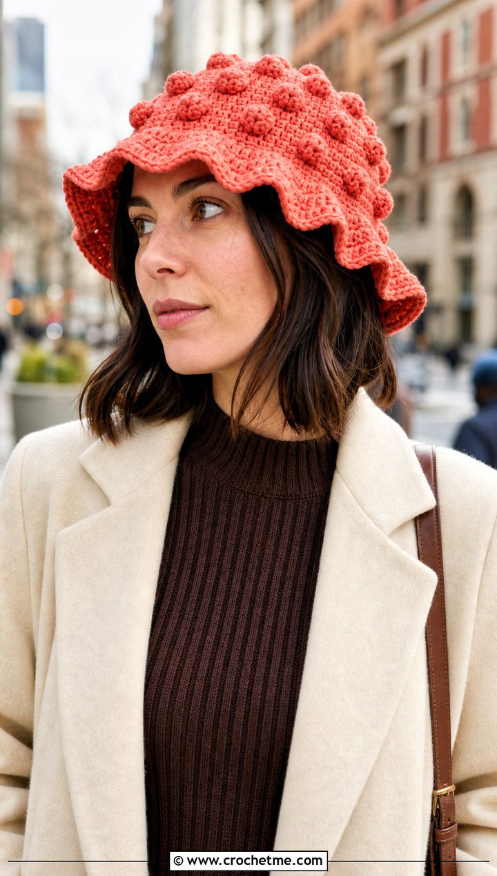 Bobble Stitch Ruffled Crochet Bucket Hat With Knit Dress - 25 ruffled crochet bucket hat outfit ideas