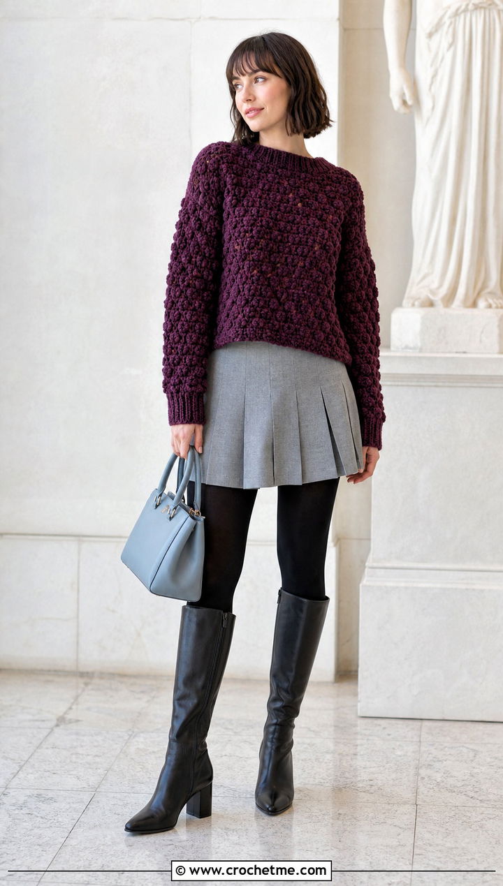 Bobble Stitch Rustic Crochet Sweater With Pleated Mini Skirt - 15 Rustic Crochet Sweater outfit ideas