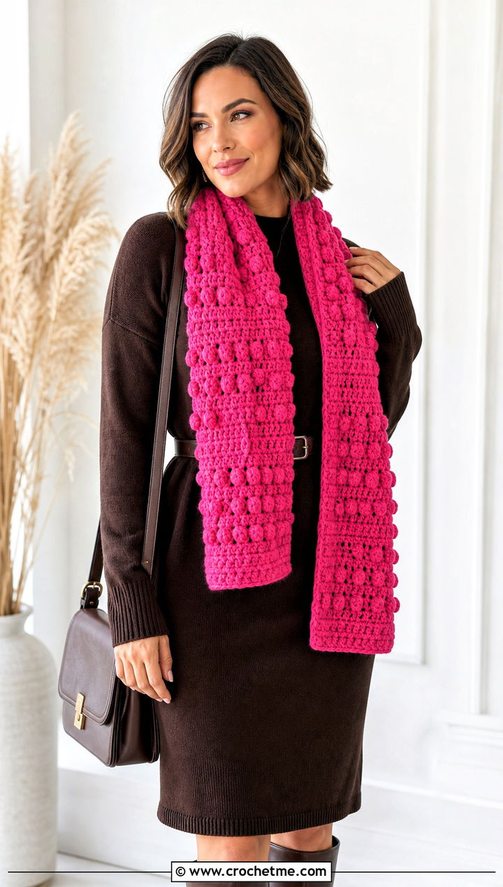 Bobble Stitch Sampler Scarf With Sweater Dress - 20 Crochet Stitch Sampler Scarf outfit ideas
