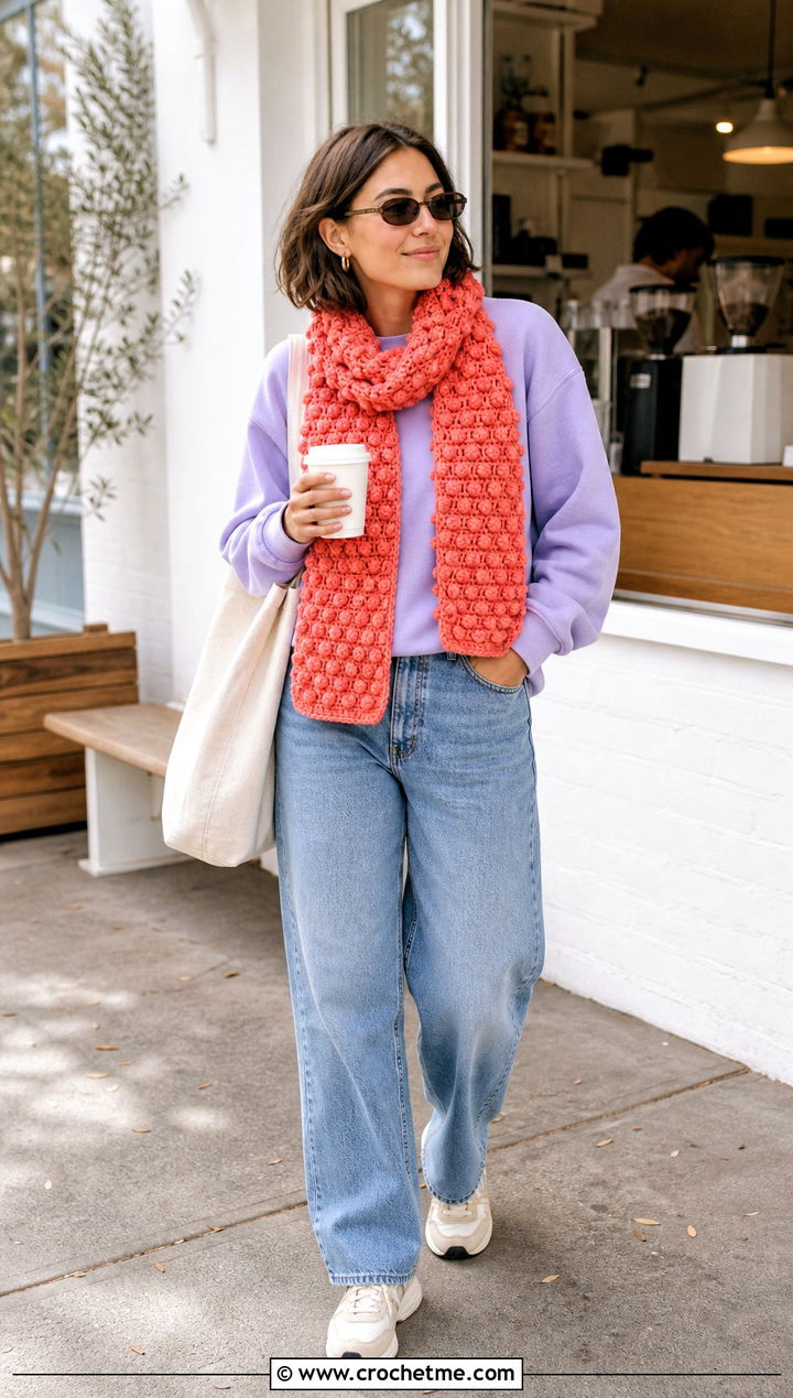 Bobble Stitch Scarf With Sweatshirt And Jeans - 35 crochet neck scarf outfit ideas