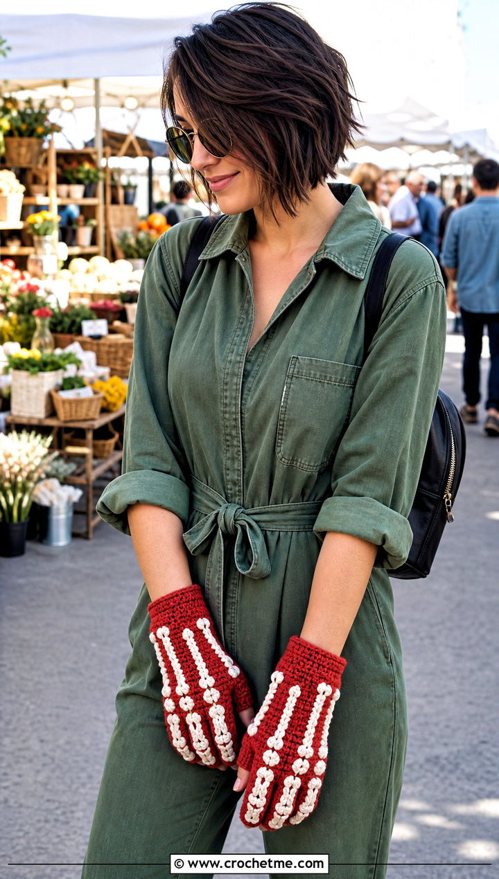 Bobble Stitch Skeleton Crochet Fingerless Gloves With Utility Jumpsuit - 15 Skeleton Crochet Fingerless Gloves outfit ideas