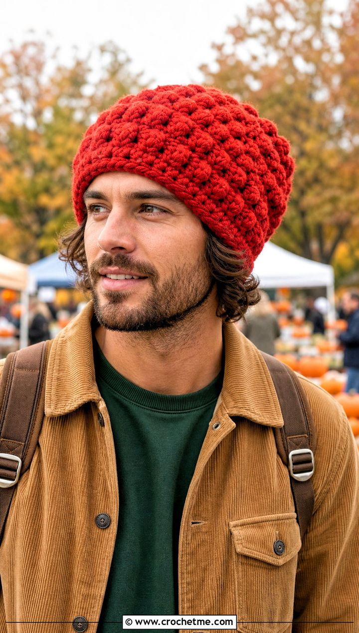 Bobble Stitch Slouch Crochet Beanie With Corduroy Jacket - 20 Mens Slouch Crochet Beanie outfit ideas