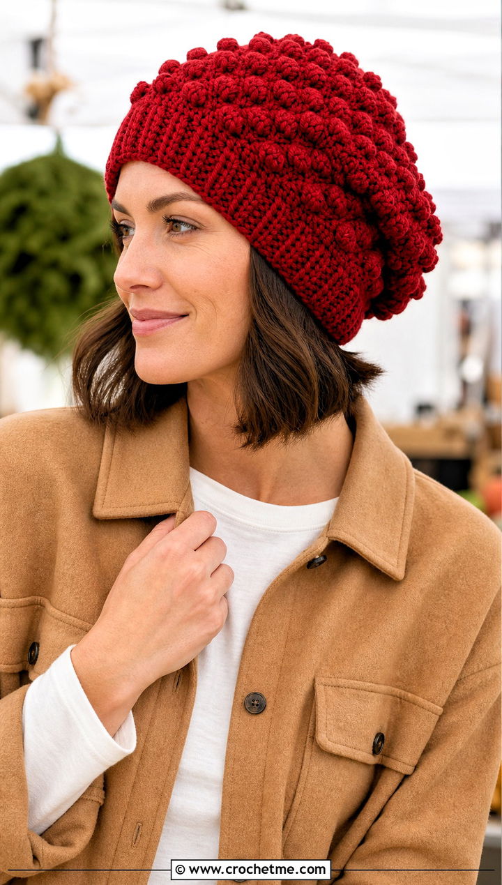 Bobble Stitch Slouch Crochet Beanie With Shacket - 30 slouch crochet beanie outfit ideas