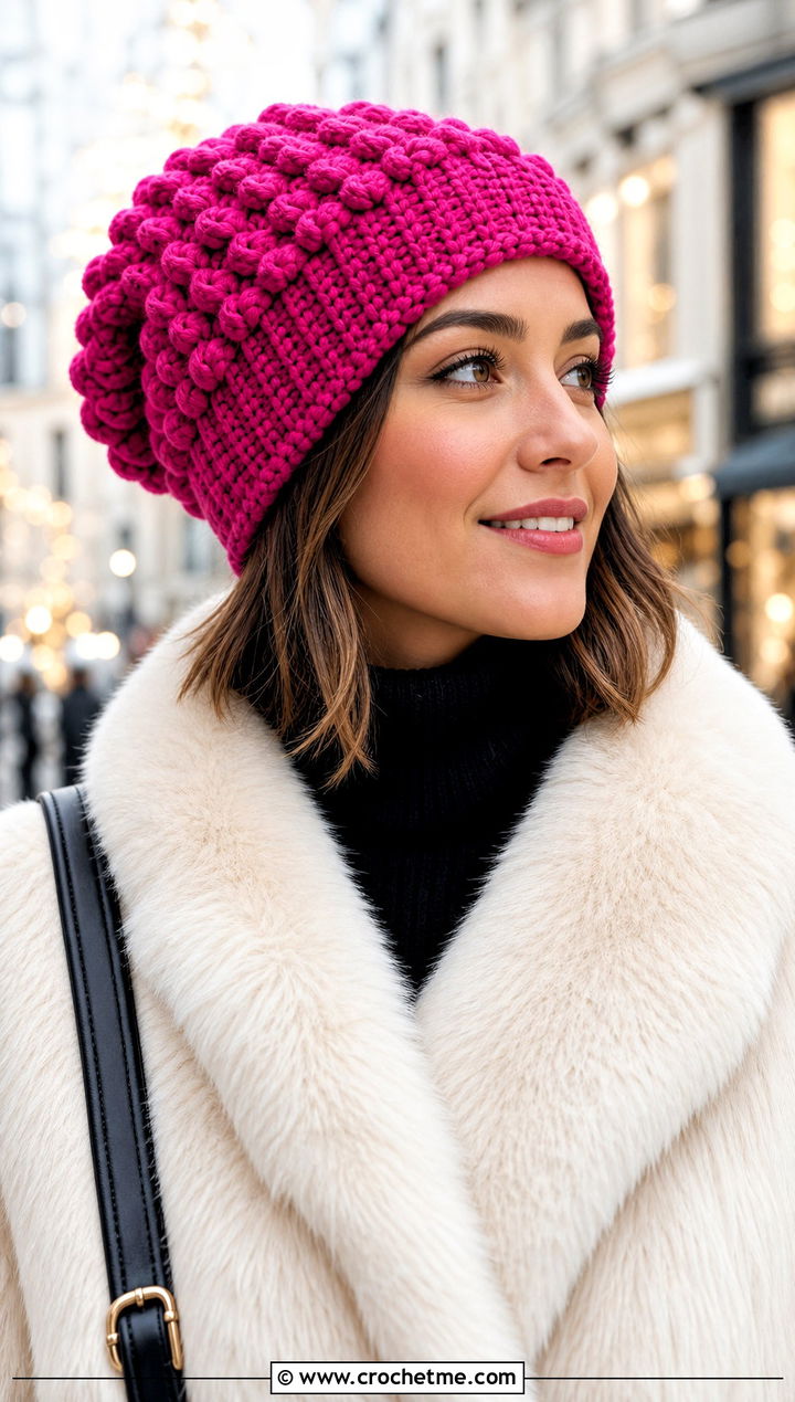 Bobble Stitch Slouch Crochet Hat With Faux Fur Coat - 30 slouch crochet hat outfit ideas