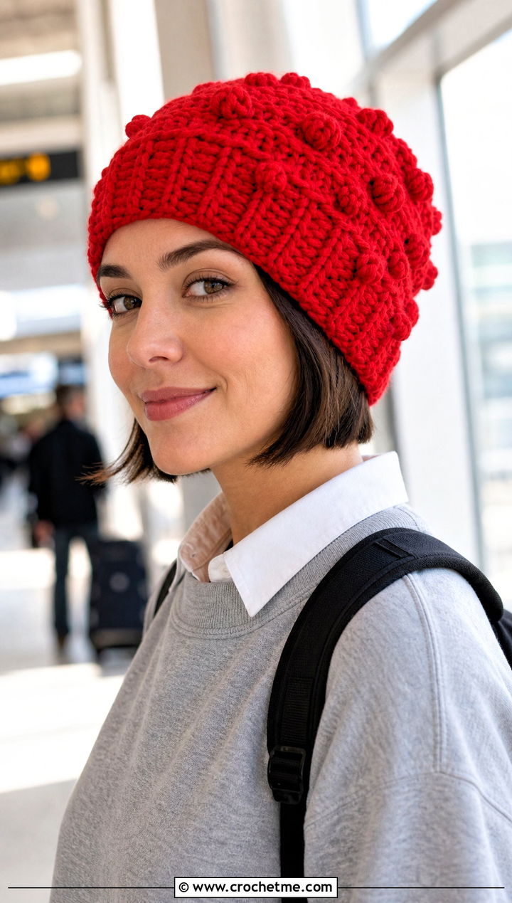 Bobble Stitch Slouchy Crochet Beanie With Sweatshirt - 25 Easy Slouchy Crochet Beanie outfit ideas