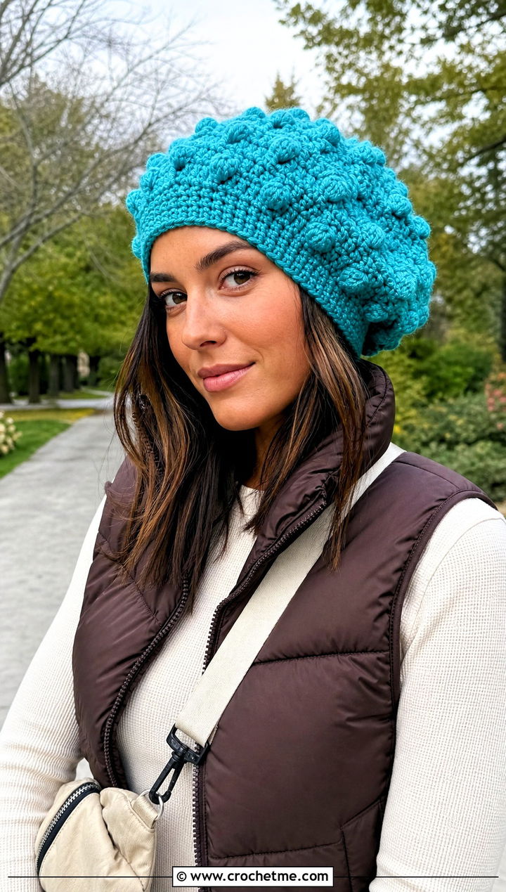 Bobble Stitch Slouchy Crochet Beret With Puffer Vest - 25 Slouchy Crochet Beret outfit ideas