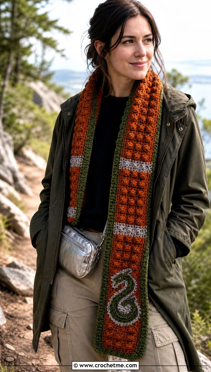Bobble Stitch Slytherin Crochet Scarf With Utility Parka - 30 slytherin crochet scarf outfit ideas