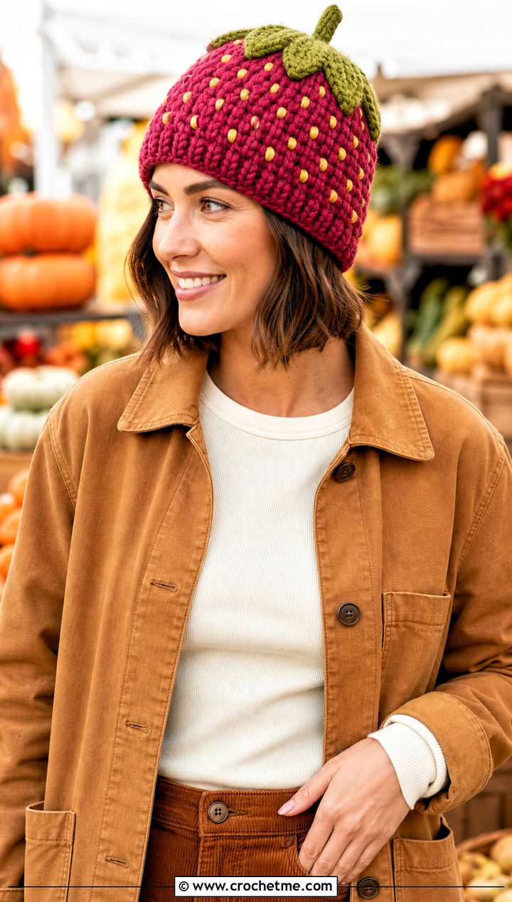 Bobble Stitch Strawberry Beanie With Corduroy Pants - 30 Crochet Strawberry Beanie outfit ideas