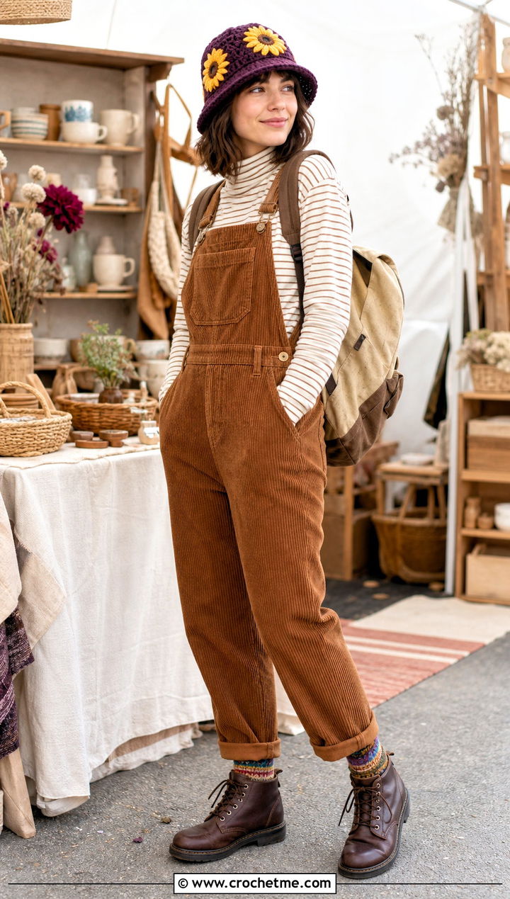 Bobble Stitch Sunflower Bucket Hat With Corduroy Overalls - 35 crochet sunflower bucket hat outfit ideas