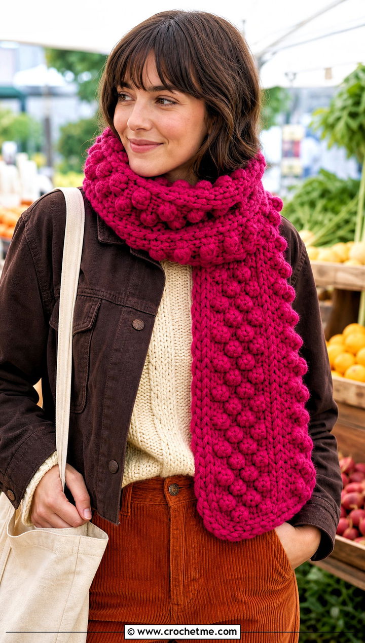Bobble Stitch Super Chunky Crochet Scarf With Corduroy Outfit - 25 Super Chunky Crochet Scarf outfit ideas