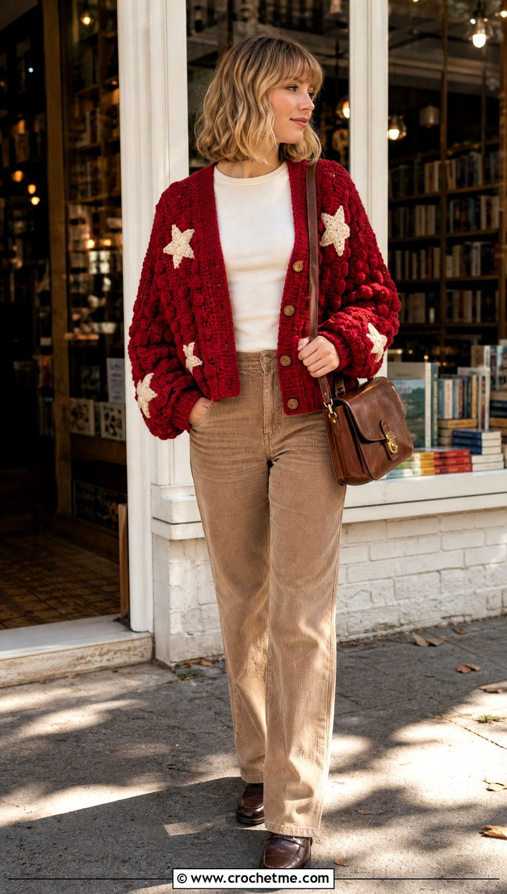 Bobble Stitch Taylor Swift Crochet Cardigan With Corduroy Pants - 35 crochet taylor swift cardigan outfit ideas