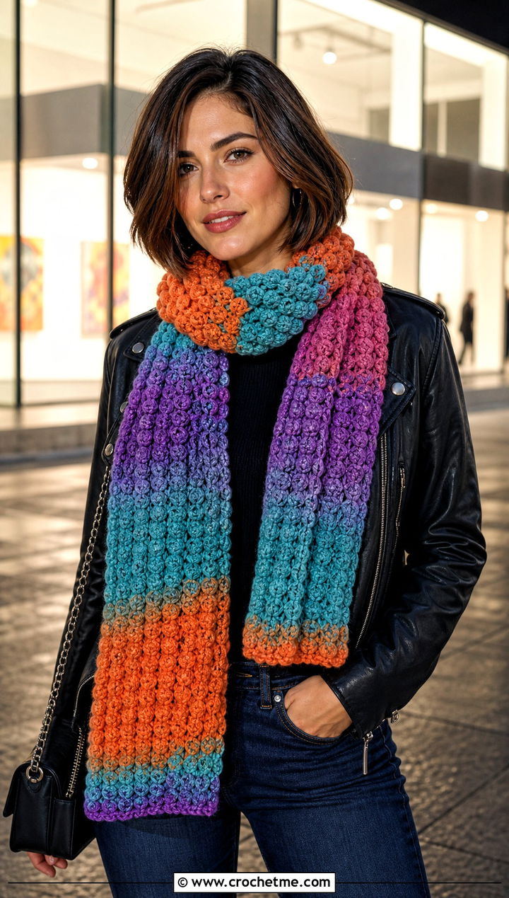 Bobble Stitch Temperature Scarf With Moto Jacket - 30 crochet temperature scarf outfit ideas
