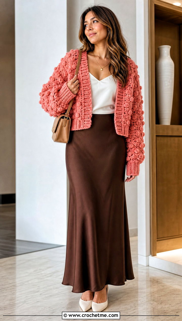 Bobble Stitch Thick Yarn Crochet Cardigan With Slip Skirt - 25 Thick Yarn Crochet Cardigan outfit ideas