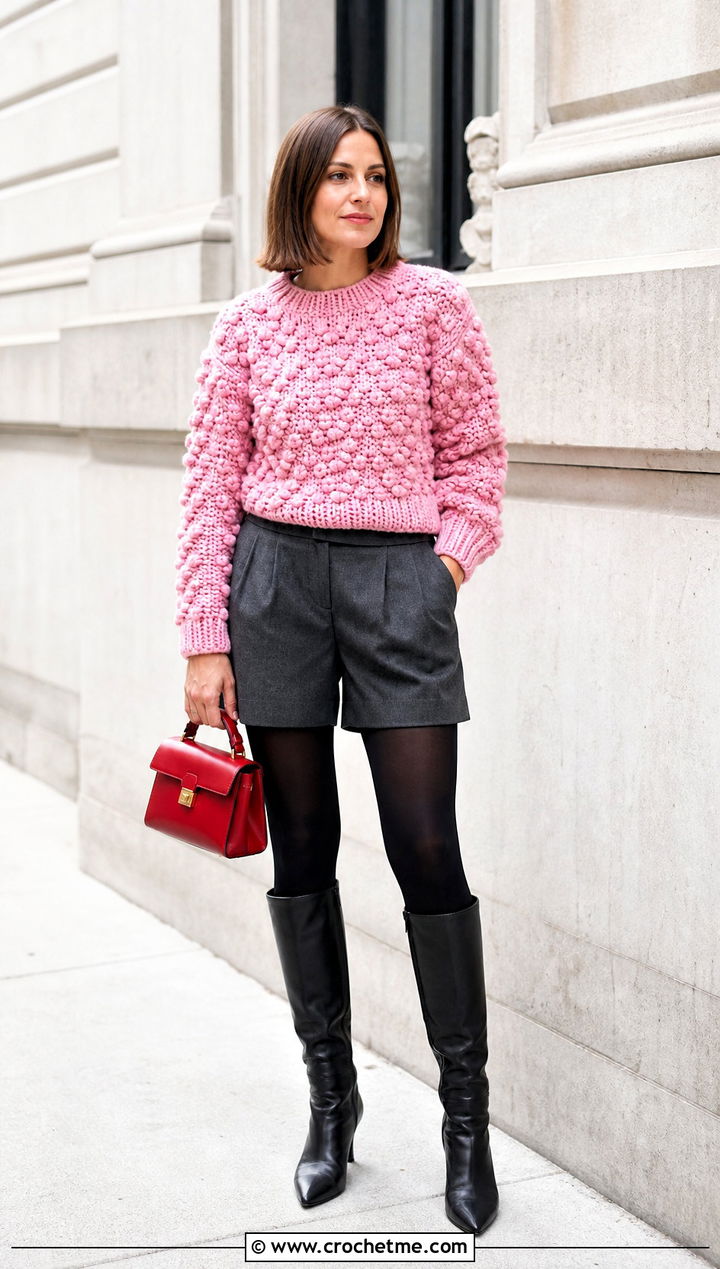 Bobble Stitch Thick Yarn Crochet Sweater With Tailored Shorts - 25 thick yarn crochet sweater outfit ideas
