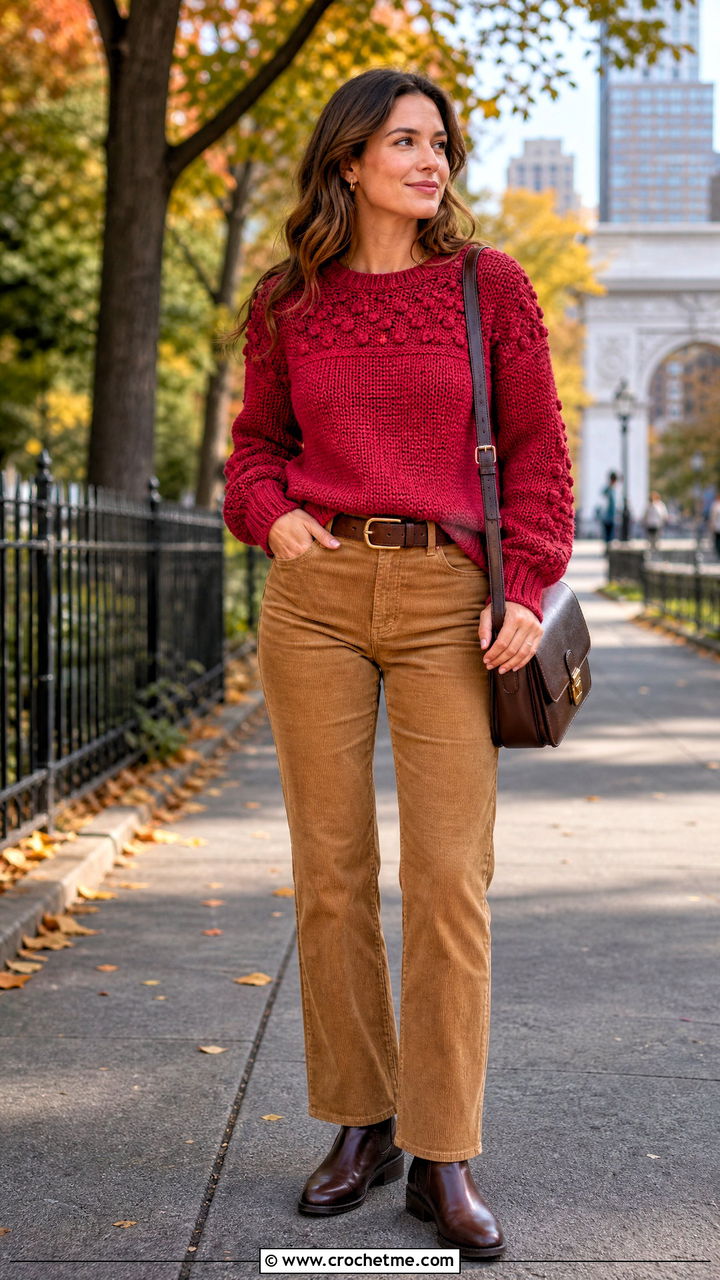 Bobble Stitch Top Down Crochet Sweater With Corduroy Pants - 35 top down crochet sweater outfit ideas