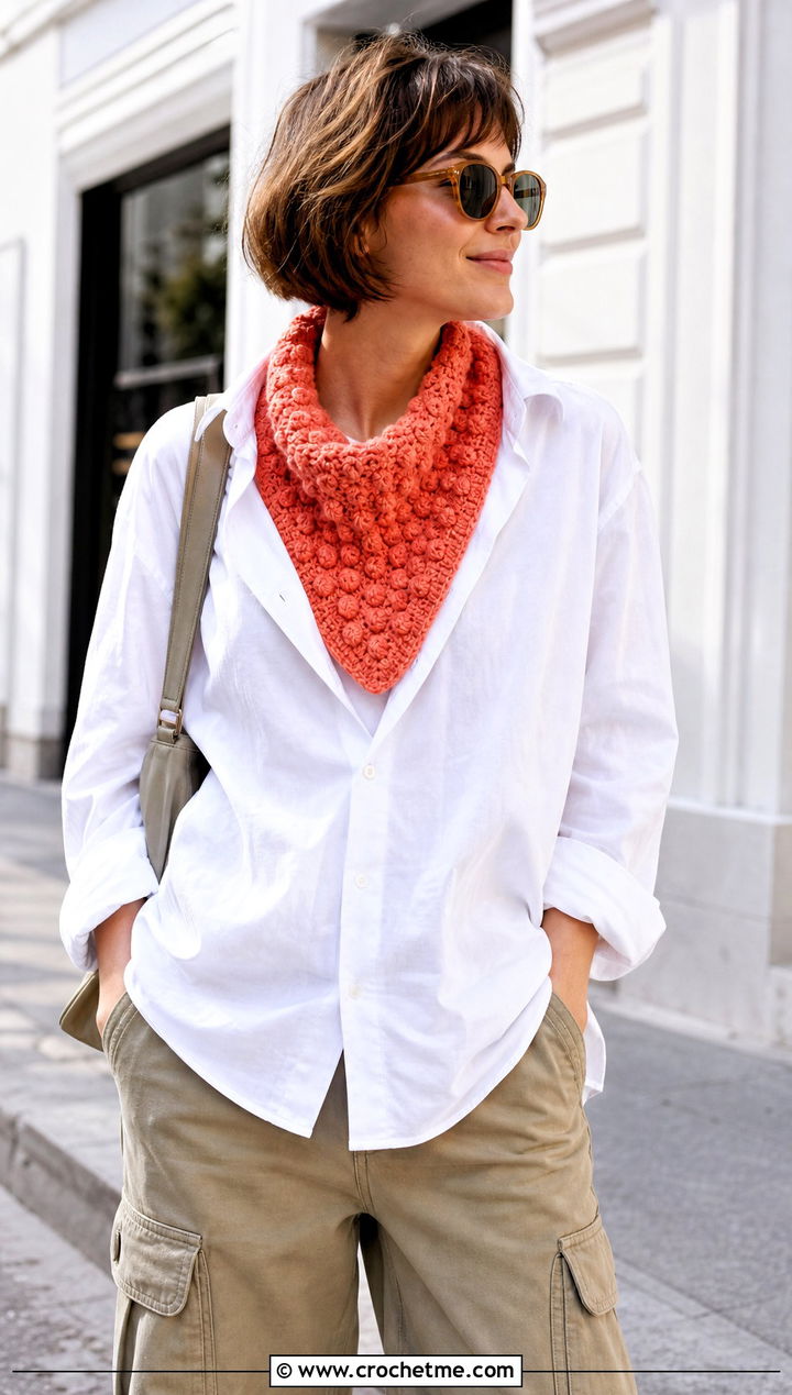 Bobble Stitch Triangle Cowl With Cargo Pants - 30 crochet triangle cowl outfit ideas