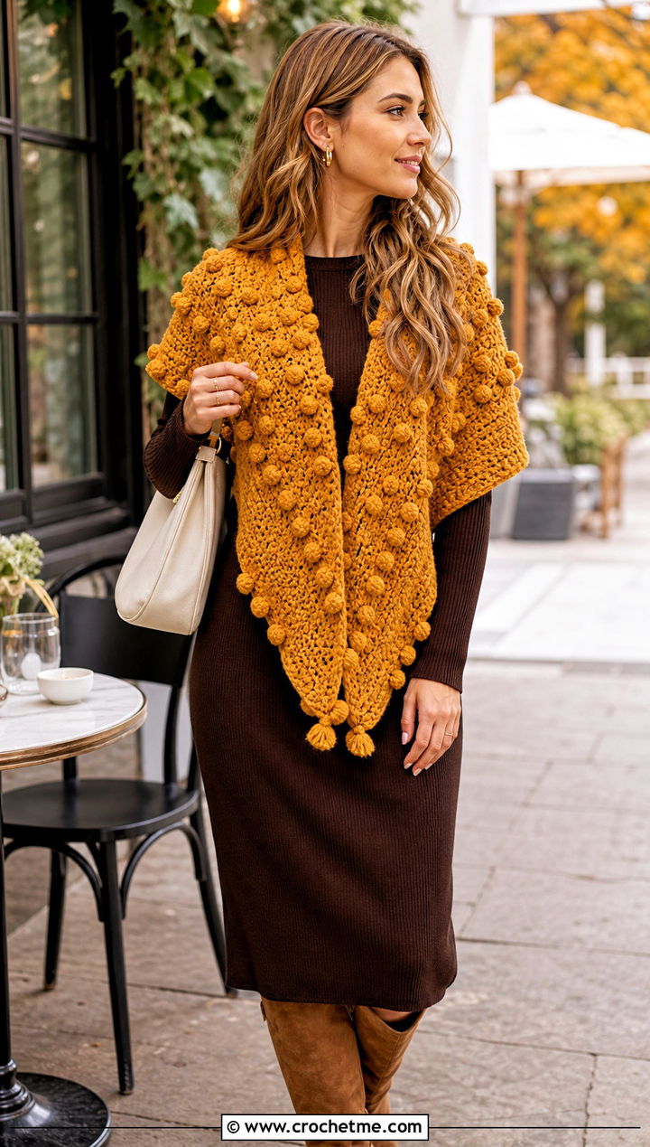 Bobble Stitch Triangle Crochet Shawl With Knit Dress - 25 triangle crochet shawls outfit ideas