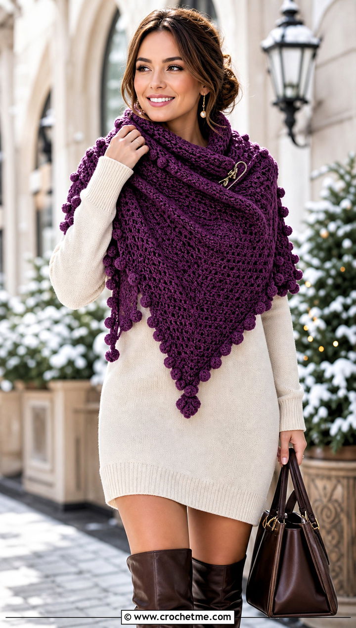 Bobble Stitch Triangle Crochet Shawl With Sweater Dress And Knee Boots - 30 easy triangle crochet shawl outfit ideas